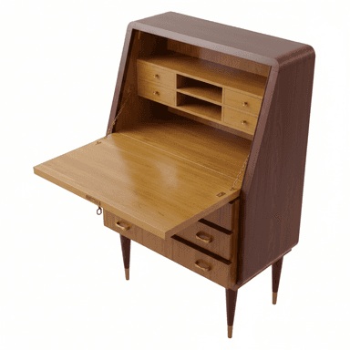 A Mid-Century Modern secretary desk featuring a drop-front writing surface that reveals internal compartments. The desk is constructed from dark and light toned wood, with slender, tapered legs tipped with brass caps. The interior features small drawers and open cubbies, while the exterior has two larger drawers below the writing surface, all fitted with minimalist brass pull handles. The overall design exhibits clean lines and a functional yet elegant aesthetic characteristic of the mid-20th century. — 3D model (AI enhanced source)