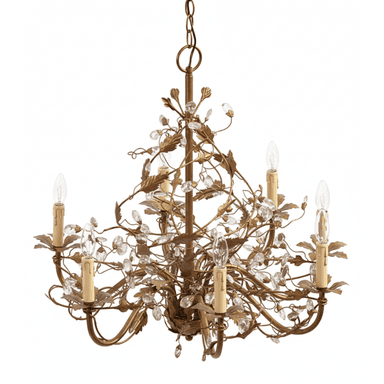 A decorative chandelier designed to resemble a floral or vine motif. It features a central stem from which multiple arms extend, holding candle-shaped light fixtures. The structure is adorned with metal leaves and numerous clear, faceted crystal or glass embellishments that mimic dew drops or flower buds. It is suspended by a metal chain. — 3D model (AI enhanced source)