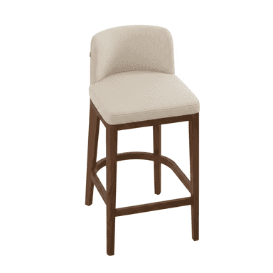 A contemporary upholstered counter stool featuring a solid wood frame with a dark brown finish and a light-colored, textured fabric on the seat and low backrest. It includes integrated footrests. — 3D model (AI enhanced source)