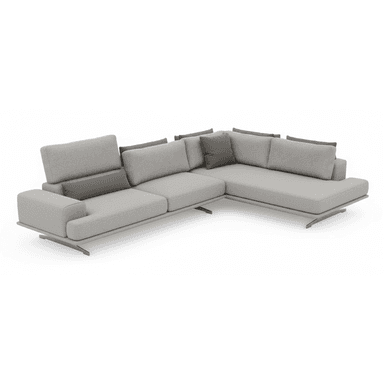 A modern, sectional sofa with a light grey fabric upholstery and dark grey accent pillows. The sofa features a low-profile design with thin, angled metal legs, and adjustable headrests on some sections. It is configured in an L-shape. — 3D model (AI enhanced source)