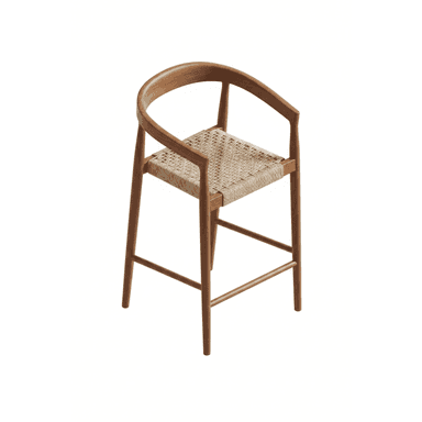 A wooden bar stool featuring a curved backrest and armrests, with a tightly woven natural cord seat and slender wooden legs. — 3D model (AI enhanced source)