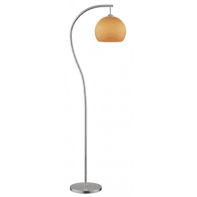A modern arc floor lamp featuring a curved silver-toned metal stem, a round brushed metal base, and a spherical frosted amber glass shade. The stem has a gentle S-curve before arcing over to hold the shade. — 3D model (AI enhanced source)
