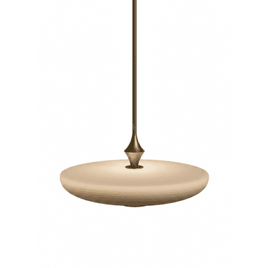 A modern pendant light featuring a flat, circular, frosted off-white disc diffuser suspended by a slender vertical brass rod, connected by a conical brass element. — 3D model (AI enhanced source)