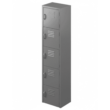A tall, slender, five-compartment industrial locker cabinet made of gray metal. Each compartment has an individual door with an integrated pull handle and louvered ventilation slats. The unit is designed for functional, secure storage in high-traffic environments. — 3D model (AI enhanced source)