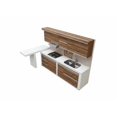 A compact, modular kitchen unit featuring light brown wood-grain laminate cabinets, white laminate countertops, a double-basin stainless steel sink, a four-burner gas stovetop, and a cantilevered white dining counter extension. An integrated exhaust hood and a mosaic-tiled backsplash are also visible. — 3D model (AI enhanced source)