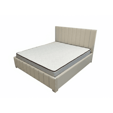 A modern platform bed with a tall, slightly angled headboard and a matching low-profile base, both upholstered in a light beige fabric. The headboard and bed frame feature distinctive vertical channel tufting. Small, possibly metallic, feet are visible at the corners, and a white mattress with a dark border rests on the platform. — 3D model (AI enhanced source)