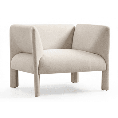 A contemporary armchair featuring a compact, rounded form upholstered in a light beige, textured fabric. The chair has integrated, wide armrests that flow into a slightly curved backrest, creating a cohesive silhouette. The four sturdy legs are also upholstered in the same fabric, extending directly from the chair's body, contributing to its minimalist and monolithic appearance. — 3D model (AI enhanced source)