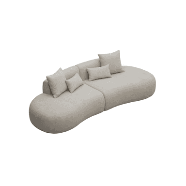 A light beige, modular sectional sofa with an organic, curvilinear form, composed of two distinct sections. It features plump, rounded edges and is upholstered in a textured fabric. The sofa includes multiple matching loose back cushions of varying sizes, contributing to its comfortable and inviting appearance. The design emphasizes softness and fluid lines, typical of modern and contemporary aesthetics. — 3D model (AI enhanced source)