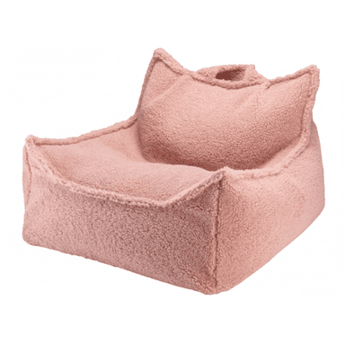 A pink, low-profile, single-person seating unit, appearing to be a structured bean bag chair. It features a soft, textured, teddy fleece or boucle fabric. The backrest is shaped with two distinct points, resembling cat ears or a crown, and it has integrated side supports that function as armrests. The overall shape is inviting and plush. — 3D model (AI enhanced source)