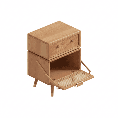 A wooden nightstand with a single drawer and an open compartment below. The drawer has two brass knobs. The lower compartment features a drop-down door with a cane-woven inset and a brass pull handle. The nightstand is supported by four tapered legs with brass accents at the base. — 3D model (AI enhanced source)