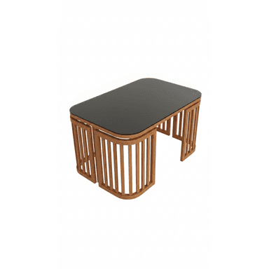 A modern coffee table with a rectangular, rounded-corner tabletop and a base constructed from vertical wooden slats arranged in a curved, cage-like structure. The tabletop appears to be made of a dark, smooth material, possibly glass or a composite. The wooden base has a natural, warm tone and exhibits a slatted design that tapers inwards towards the top. — 3D model (AI enhanced source)
