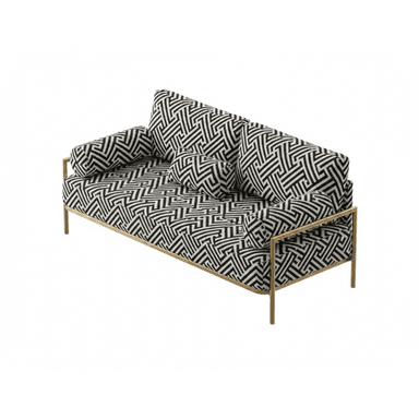 A modern daybed featuring a slim, polished gold-tone metal frame and plush cushions upholstered in a striking black and white geometric pattern. The daybed includes a deep seat cushion, two large back cushions, a small square accent pillow, and two cylindrical bolster cushions, all in the same fabric. The open-frame design supports the loose cushions. — 3D model (AI enhanced source)