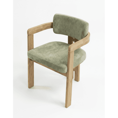 A modern armchair featuring a solid wood frame with light-toned wood and sage green upholstered seat and back. The design incorporates clean lines with rounded armrests, providing both comfort and a contemporary aesthetic. — 3D model (AI enhanced source)