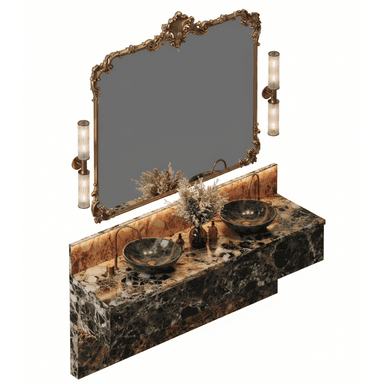 A luxurious double bathroom vanity ensemble featuring a dark marble countertop, two green vessel sinks, gold-toned faucets, a large ornate gilded mirror, and two fluted glass wall sconces. — 3D model (AI enhanced source)