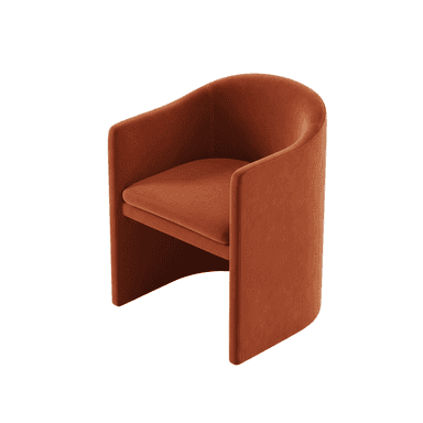 A modern barrel-shaped armchair, fully upholstered in a rust-colored velvet-like fabric. The chair features a continuous, rounded back and integrated armrests, giving it a monolithic and sculptural appearance. A separate, removable seat cushion provides additional comfort and is upholstered in the same material. The design is contemporary, with clean lines and no visible legs, extending the upholstery to the floor. — 3D model (AI enhanced source)