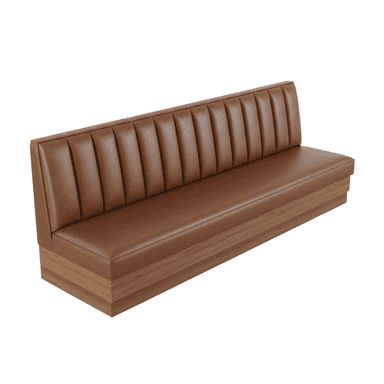 A long, tufted booth with a rich brown leather upholstery and a wooden base. The backrest features vertical channel tufting, and the seat is a single, continuous cushion. The base is constructed from layered wood with a visible grain pattern. — 3D model (AI enhanced source)