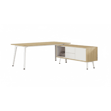 A modern L-shaped office desk featuring a light wood tabletop and an integrated storage credenza with white drawer fronts and open shelving, all supported by white metal legs. — 3D model (AI enhanced source)