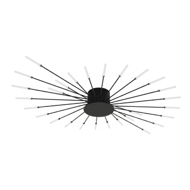 A contemporary Sputnik-style chandelier featuring a central black matte base from which numerous slender black metal arms radiate outwards. Each arm terminates in a small brass accent and holds a frosted cylindrical light diffuser. The design evokes a starburst or atomic aesthetic, combining modern and mid-century influences. — 3D model (AI enhanced source)