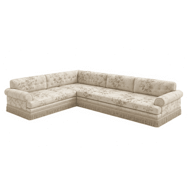 An L-shaped sectional sofa upholstered in a light-colored fabric with a multi-toned floral pattern. It features button-tufted back cushions, rolled armrests, and a decorative fringe skirt along the base. — 3D model (AI enhanced source)