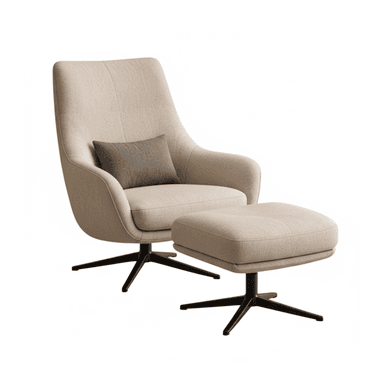 A modern lounge chair and matching ottoman featuring a light beige fabric upholstery and a black four-star swivel base. The chair has a high, slightly curved backrest, integrated armrests, and comes with a small rectangular gray lumbar pillow. The ottoman mirrors the chair's design with a padded top and identical swivel base. — 3D model (AI enhanced source)