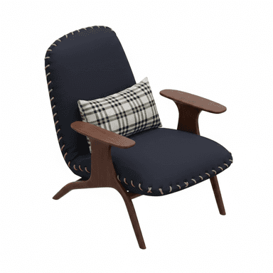 A modern lounge chair featuring a dark wooden frame with integrated, curved armrests and splayed legs. The seat and backrest are upholstered in deep navy blue fabric, accented by prominent exposed whipstitch detailing in a contrasting lighter thread along all edges. A plaid lumbar pillow rests on the seat. — 3D model (AI enhanced source)
