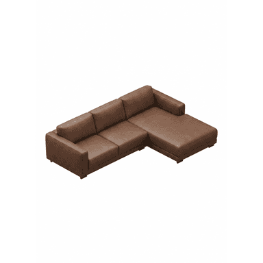 A contemporary L-shaped sectional sofa featuring a main seating unit and a chaise lounge extension, upholstered in a warm brown leather or faux leather material. It has clean lines, block arms, and backrests with separate, plush cushions. The overall design is sleek and modern. — 3D model (AI enhanced source)