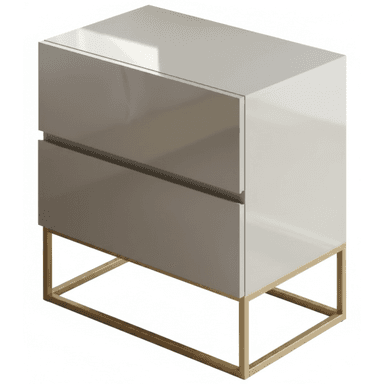 A contemporary nightstand featuring a compact, rectangular body with two integrated drawers, finished in a high-gloss light gray or off-white lacquer. The cabinet unit is supported by a minimalist, rectangular open base constructed from gold-finished metal tubing, providing a stark contrast to the glossy casework. — 3D model (AI enhanced source)