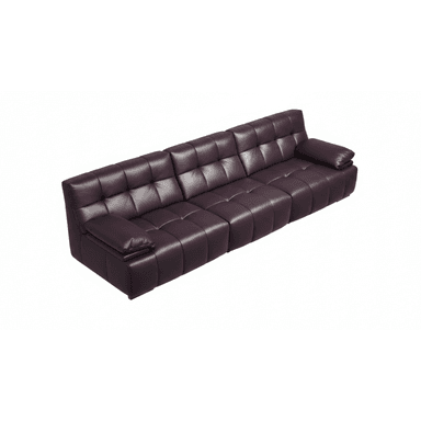 A long, contemporary sofa upholstered in a deep plum-colored leatherette, featuring extensive deep button tufting across its seat, backrest, and low-profile frame. The sofa includes two cylindrical bolster-style armrests, one on each end, which appear to be either adjustable or detachable. The design maintains a minimalist, floor-level profile, emphasizing its plush, segmented appearance. — 3D model (AI enhanced source)