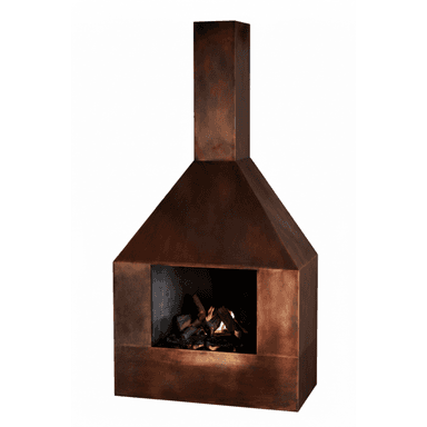 A tall, freestanding gas fireplace featuring a prominent tapered hood and a square base, constructed from patinated metal, likely oxidized copper or bronzed steel. The metal exhibits a rich reddish-brown hue with natural variations, giving it a rustic, aged appearance. The firebox contains artificial logs with an active gas flame, simulating a traditional wood-burning fire. The design is self-contained, not requiring a built-in mantel or chimney structure. — 3D model (AI enhanced source)