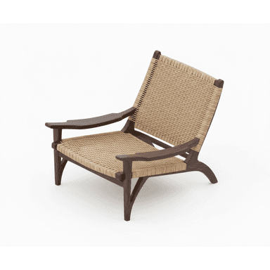 A modern armchair featuring a dark wood frame with gracefully curved legs and armrests. The seat and back are constructed from tightly woven natural fiber material, giving it a textured appearance. — 3D model (AI enhanced source)