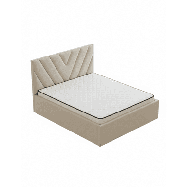 A modern platform bed featuring a light beige upholstered frame and headboard. The headboard is adorned with a distinctive geometric tufting pattern, creating V-shaped or chevron lines. A white quilted mattress with a black trim is positioned on the integrated platform base. — 3D model (AI enhanced source)