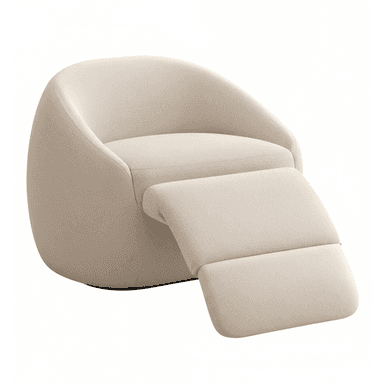 A contemporary, upholstered recliner chair featuring a light-colored, textured fabric and rounded, sculptural forms, with an integrated extending footrest. — 3D model (AI enhanced source)