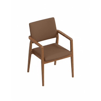 A wooden armchair with upholstered seat and backrest. The frame and armrests are constructed from wood with a visible grain. The upholstery is a textured fabric in a brown hue. The chair has four legs and a simple, modern design. — 3D model (AI enhanced source)