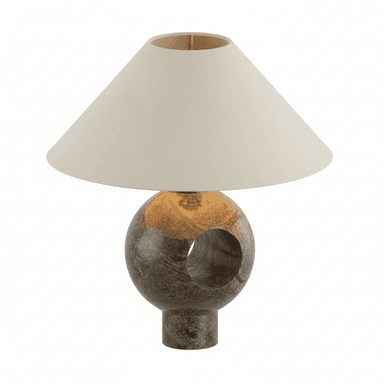 A table lamp with a conical shade and a spherical base. The base is made of a polished stone with varied earthy tones and veining, featuring a circular cut-out. The shade is a neutral cream color and appears to be made of fabric. — 3D model (AI enhanced source)