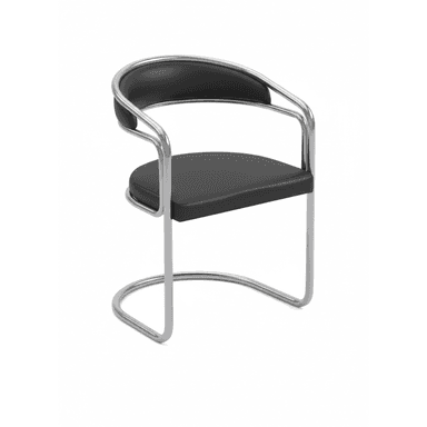 A modern armchair with a tubular metal frame and upholstered seat and backrest. The frame has a chrome finish and features a distinctive cantilevered base. The seat and backrest are padded and covered in black material, likely faux leather or vinyl. The armrests are integrated into the frame. — 3D model (AI enhanced source)