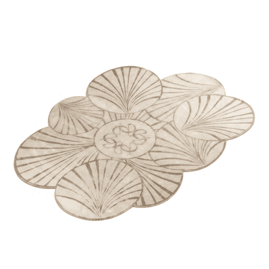 A rug with a repeating abstract floral pattern. The pattern consists of circular shapes that resemble stylized petals or leaves, radiating outwards from a central circular motif. The color palette is neutral, featuring shades of beige and light brown. The texture appears soft and plush. — 3D model (AI enhanced source)