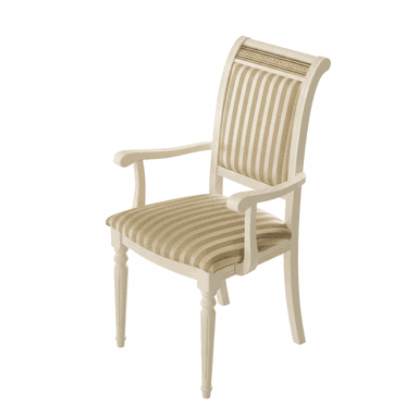 A classic style dining armchair with an off-white wooden frame, striped upholstered seat and back, and a decorative trim on the backrest. — 3D model (AI enhanced source)
