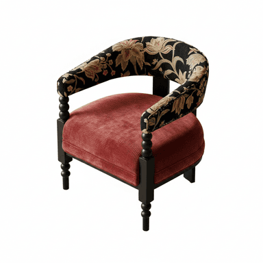 An upholstered barrel armchair featuring a continuous rounded back and armrests with floral pattern upholstery, a contrasting red velvet seat cushion, and dark turned wooden legs. — 3D model (AI enhanced source)