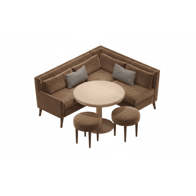 An L-shaped corner booth seating unit upholstered in a brown, velvet-like fabric, accompanied by a round dining table with a pedestal base and two matching upholstered stools. The seating features a high backrest and includes two small gray accent pillows. The table has a light wood finish, and all seating units have dark, tapered wooden legs. — 3D model (AI enhanced source)