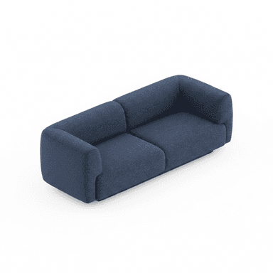 A contemporary two-seater sofa with a low profile and blocky arms. The sofa features a deep seat and a plush appearance, upholstered in a textured navy blue fabric. The design emphasizes clean lines and a minimalist aesthetic, with a distinct separation between the seat cushions. The base is integrated and appears to be part of the overall upholstered structure. — 3D model (AI enhanced source)