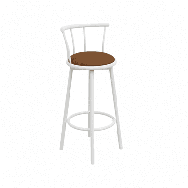 A tall bar stool featuring a white metal frame, a curved backrest with vertical spindles, a circular brown upholstered seat, and a circular footrest. — 3D model (AI enhanced source)