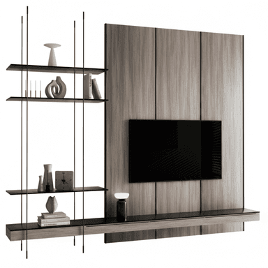 A contemporary wall-mounted entertainment unit featuring a light wood veneer back panel for a television, a floating media console with a dark top, and an integrated open shelving system with black metal supports and dark shelves. The unit combines display and storage functions. — 3D model (AI enhanced source)