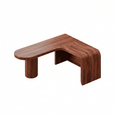 An L-shaped modern accent table crafted from rich, dark wood with visible grain. One end is supported by a solid cylindrical leg, while the other features a continuous curved panel forming a waterfall edge. The table has smooth, rounded corners, giving it a sleek and contemporary appearance. — 3D model (AI enhanced source)