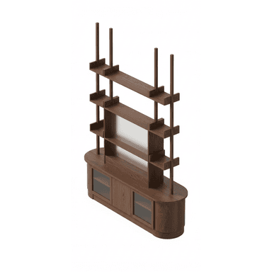 A contemporary tall shelving unit crafted from dark walnut wood, featuring an integrated lower cabinet with rounded edges and glass-front doors. The upper section consists of multiple adjustable shelves supported by slender vertical posts, creating an open and modular appearance. The design emphasizes display capabilities with a built-in storage solution. — 3D model (AI enhanced source)