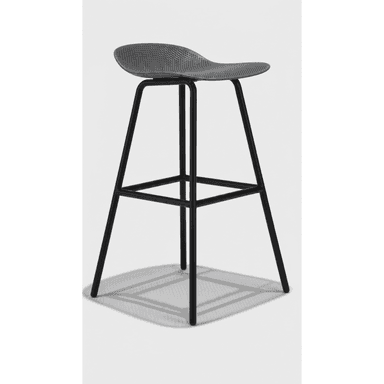 A modern bar stool featuring a perforated gray plastic seat and a black metal frame with an integrated footrest. — 3D model (AI enhanced source)