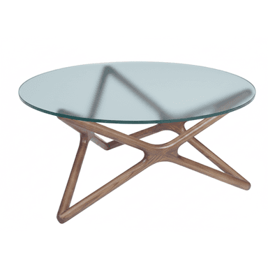 A modern round coffee table featuring a clear glass tabletop supported by a distinctive, sculptural wood base. The base is composed of several smoothly carved, interconnected wooden elements, forming an open, organic structure that provides stability and visual interest. — 3D model (AI enhanced source)