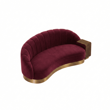 A curved sofa with channel tufting on the backrest and seat. It features a distinctive wooden armrest on one side and a polished brass base. — 3D model (AI enhanced source)