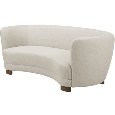 A contemporary curved sofa, upholstered in a light, neutral fabric, featuring a seamless design and low wooden feet. Its crescent shape is designed for social interaction. — 3D model (AI enhanced source)