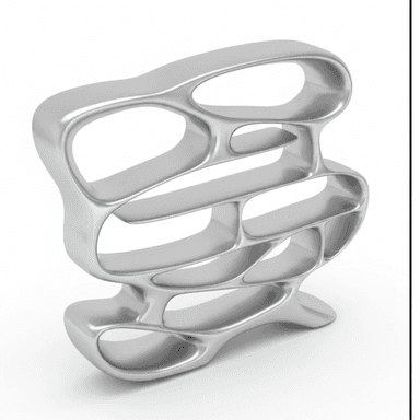 A modern, sculptural bookshelf with an organic, flowing design. It features multiple open compartments and shelves arranged in an asymmetrical, layered structure. The piece has a continuous, smooth surface with rounded edges, resembling a fluid form. — 3D model (AI enhanced source)