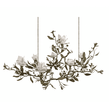 A horizontal, botanical-themed chandelier featuring sculpted metal branches, leaves, and large white magnolia-like flowers, suspended by two dark metal chains. The metal elements have a dark, patinated finish, suggesting aged bronze or brass, while the flowers are a pristine white, creating a striking contrast. The overall form is organic and naturalistic, designed to evoke a blossoming branch. — 3D model (AI enhanced source)